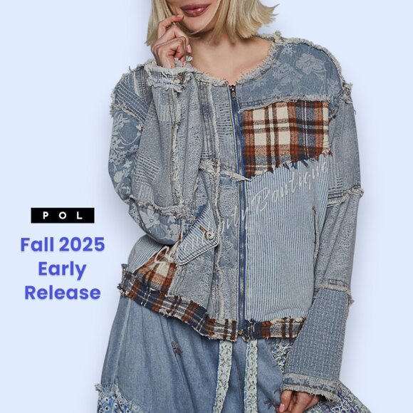 POL Distressed Grunge Denim Flanel Plaid Floral Patch Zipper Front Jean Jacket - Picture 4 of 10